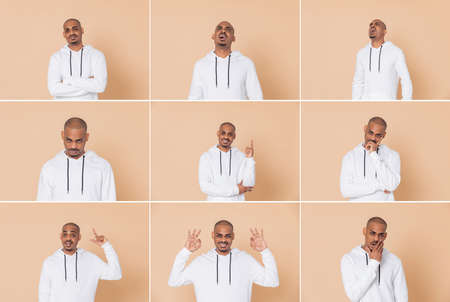 Several images of an Afro-American man doing gestures on a pink backgroundの写真素材