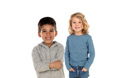 Children looking at camera isolated on a white backgroundの写真素材