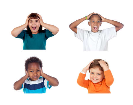 Children covering the ears and shocked by a loud sound isolated on a white background