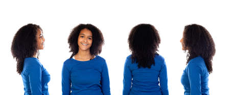 Front and back view of a teenager Afroamerican girl isolated on a white background