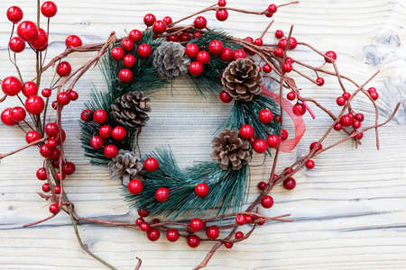 Christmas decoration on wooden background. Xmas and New Year theme.の写真素材