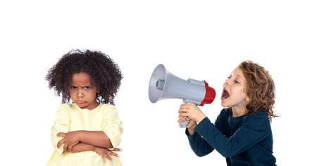 Cute children with megaphone singing on white background