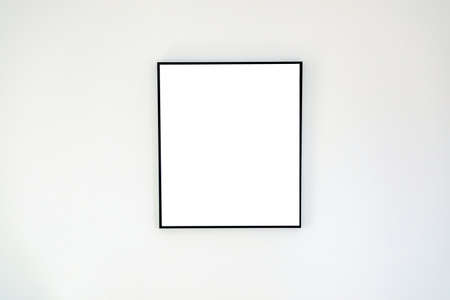 Simple black thin wooden picture frame border for modern wall isolated on white backgroundの写真素材