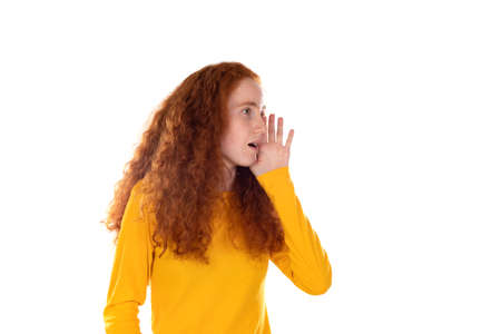 Portrait of attractive cheerful girl pout lips looking aside copy space saying news isolated over...