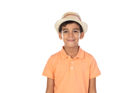 Beautiful child with straw hat isolated on a white backgroundの写真素材