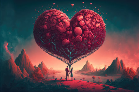 Creative love concept. Big heart over a couple in love. Generative AI