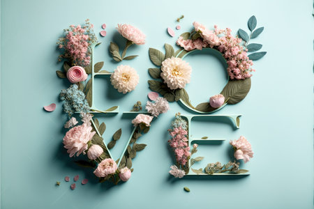 The word love decorated with pastel flowers and leaves. Soft pastel blue background. Floral love decoration. Generative AIの写真素材