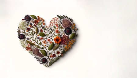 Heart shape made of many flowers and leaves on white background. Valentines day. Love with plants. Generative AIの写真素材