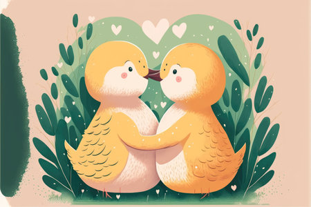Ducks in love. Cute lovers close together. Generative AIの写真素材