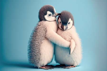 Penguins in love. Cute lovers on blue background. Generative AIの写真素材