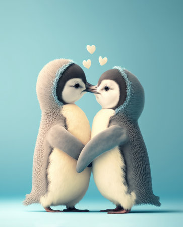 Penguins in love. Cute lovers on blue background. Generative AIの写真素材