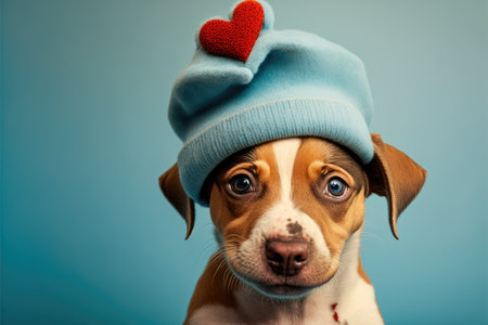Lovable, pretty puppy, with heart shaped funny hat to use as Valentine card. Close-up, indoors. Color background. Concept of love and terness. Generative AIの写真素材