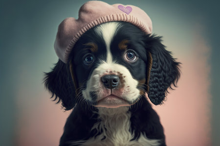 Lovable, pretty puppy, with heart shaped funny hat. Close-up, indoors. Color background. Concept of love and terness. Generative AIの写真素材