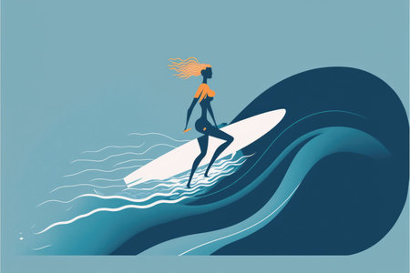 Girl surfer on the wave with surfboard, bright colors. Surfing colorful concept. Generative AIの写真素材
