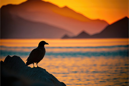 Backlit with a seagull in the foreground and a stunning golden sunset in the background. Generative...