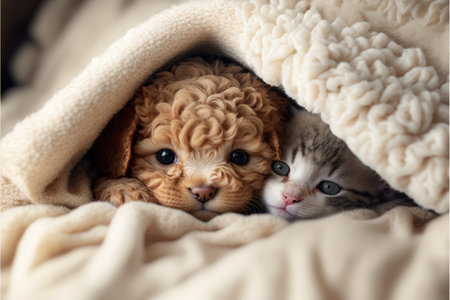 Little kitten and cute puppy covered with a plaid. Tender image of young domestic animals at home....