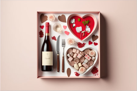 Nice box with gifts on Valentine's Day. Wine bottle and chocolates. Generative AIの写真素材