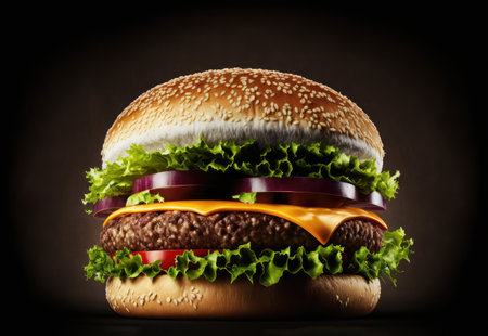 Homemade beef burger with juicy meat and vegetables on a black background. Generative AIの写真素材