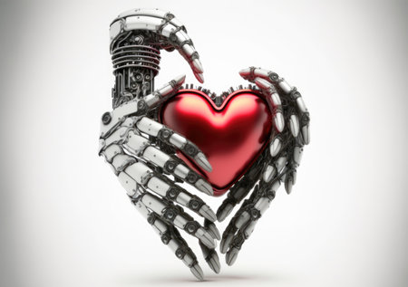 Steel hands holding a heart. Futuristic idea. Generative AIの写真素材