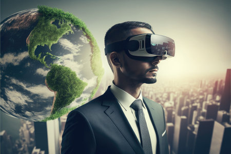 Another reality is here! Young man in VR headset. Business globalization concept. Generative AIの写真素材