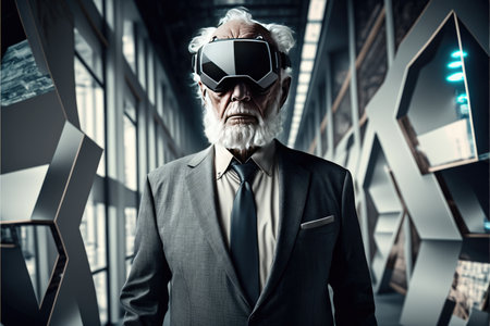 Another reality is here! Handsome old man in VR headset standing against a modern background. Generative AIの写真素材