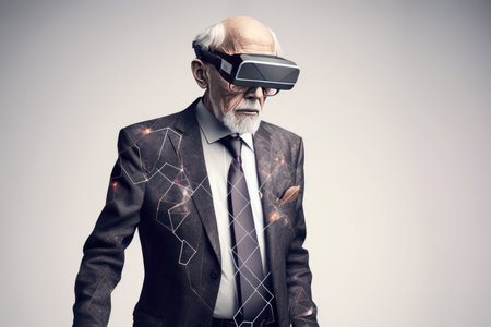Another reality is here! Handsome old man in VR headset standing against gray background. Generative AIの写真素材