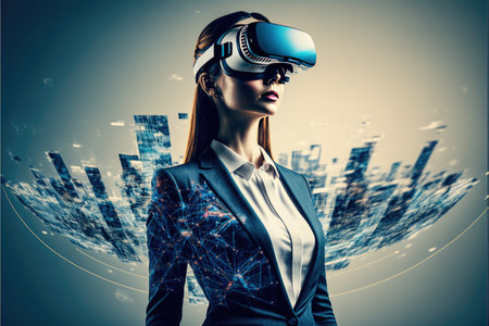 Another reality is here! Asian young Businesswoman in VR headset. Virtual reality simulator....