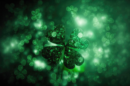 St. Patrick's Day abstract green background decorated with shamrock leaves. Patrick Day pub party celebrating. Abstract Border art design magic backdrop. Widescreen clovers on black with copy space. Generative AIの写真素材