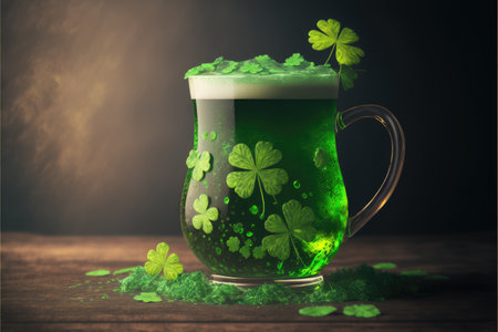 Green Patrick's day beer with many shamrock on a dark background. Generative AI
