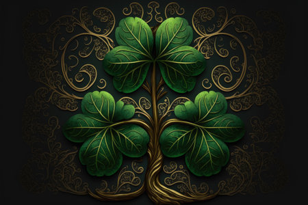 Decorated green four leaf clover on dark background, closeup. Good luck symbol. Generative AI
