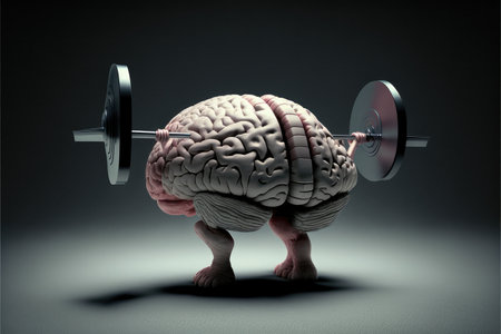 Human brain made of steel lifting a heavy dumbbell. Mind training concept. Generative AI