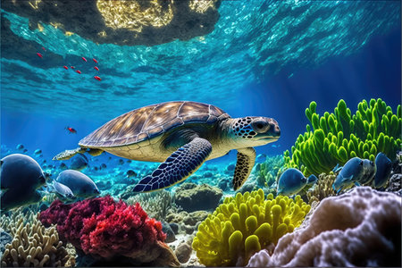 Sea turtle in crystal clear water. Crystalline seabed. Reef full of life. Generative AI