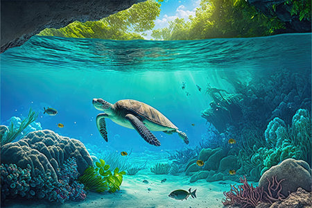 Sea turtle in crystal clear water. Crystalline seabed. Reef full of life. Generative AIの写真素材