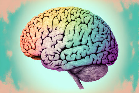 Model of human brain on colorful background. Profile view. Intelligence concept. Generative AI