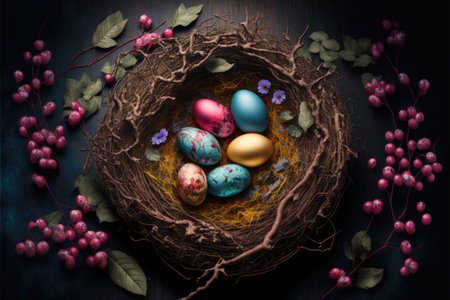 Easter eggs in a natural nest with bird eggs on a black background. See from above. Generative AIの写真素材