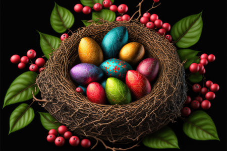 Easter eggs in a natural nest with bird eggs on a black background. See from above. Generative AI