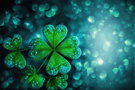 St. Patrick's Day abstract dark background decorated with green and blue shamrock leaves. Saint Patrick Day party celebrating. Generative AIの写真素材