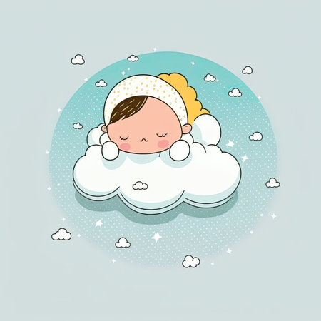 Baby sleeping on fluffy cloud on blue background. Color illustration. Generative AIの写真素材