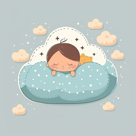 Baby sleeping on fluffy cloud on blue background. Color illustration. Generative AIの写真素材