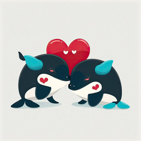 Fishes kissing. Cute cartoon with two animals in love romantic illustration. Template for Valentine day. Generative AIの写真素材