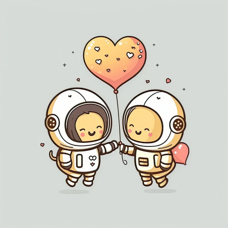 Two baby astronauts floating through space together holding on to a heart-shaped balloon. Generative AIの写真素材