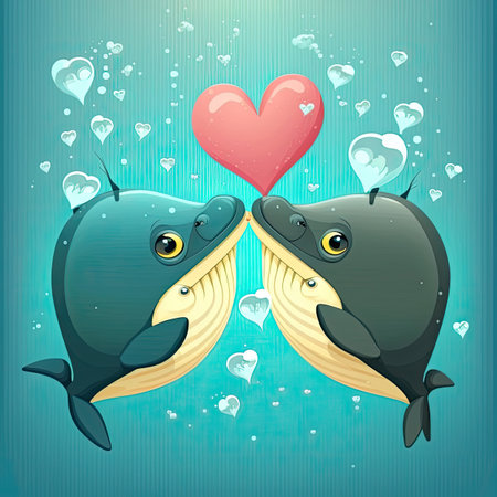 Fishes kissing. Cute cartoon with two animals in love romantic illustration. Template for Valentine day. Generative AIの写真素材