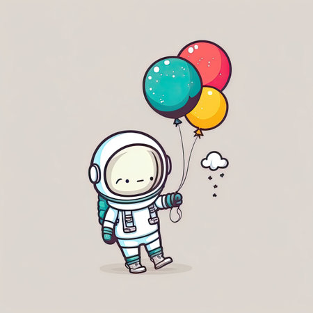 Baby astronaut floating through space together holding on to a balloon. Generative AIの写真素材