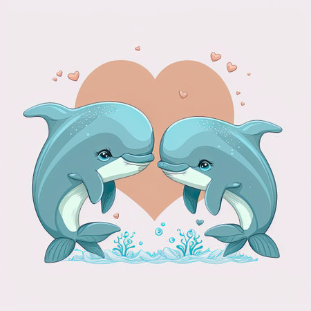 Fishes kissing. Cute cartoon with two animals in love romantic illustration. Template for Valentine day. Generative AIの写真素材