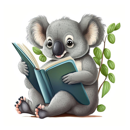 Funny cute koala reading a book sitting on a white background. Education concept. Generative AIの写真素材