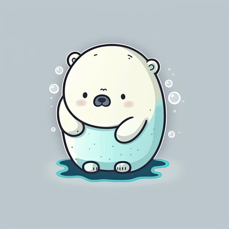 Funny cute baby polar bear on a color background. Illustration of a funny childish character in winter. Generative AIの写真素材