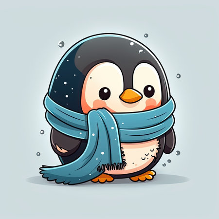 Funny cute baby penguin with scarf on a color background. Illustration of a funny childish character in winter. Generative AIの写真素材