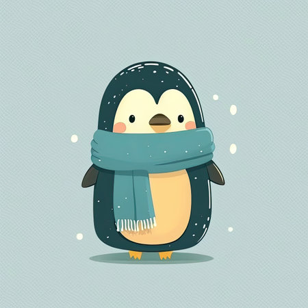 Funny cute baby penguin with scarf on a color background. Illustration of a funny childish character in winter. Generative AIの写真素材
