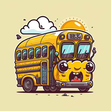 Illustration of a yellow school bus on a color background. Generative AI