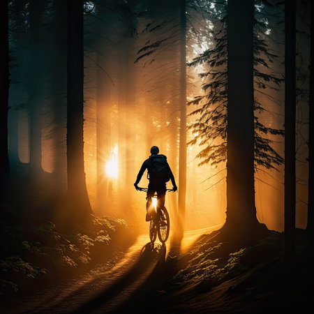 Silhouette Man Through the Forest Cycling During Sunset. Generative AIの写真素材